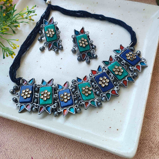 Advika Blue and Green Silver Oxidized Choker Set