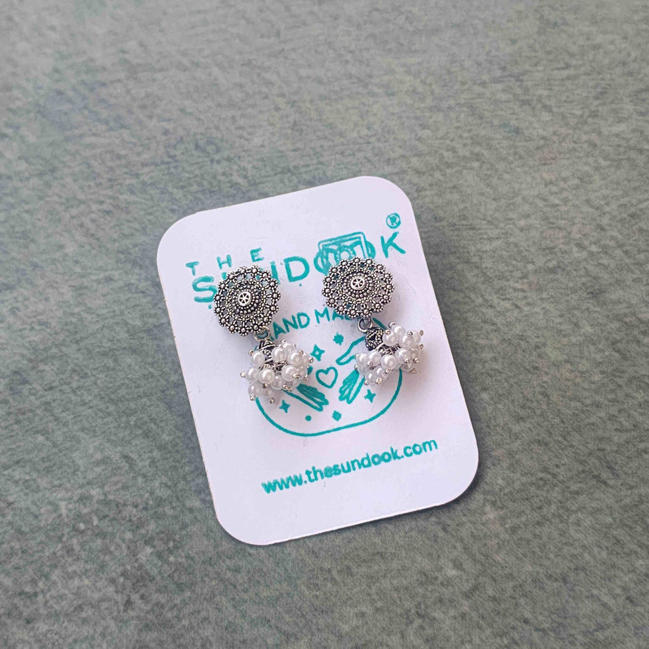 ANVI PEARL SILVER OXIDIZED STUD JHUMKI EARRINGS