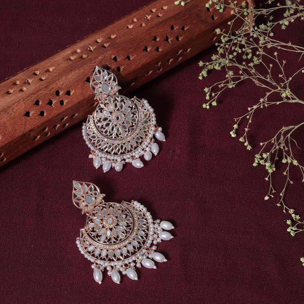 Anwita Pearl & Mirror Rose Gold Chandbali Earrings