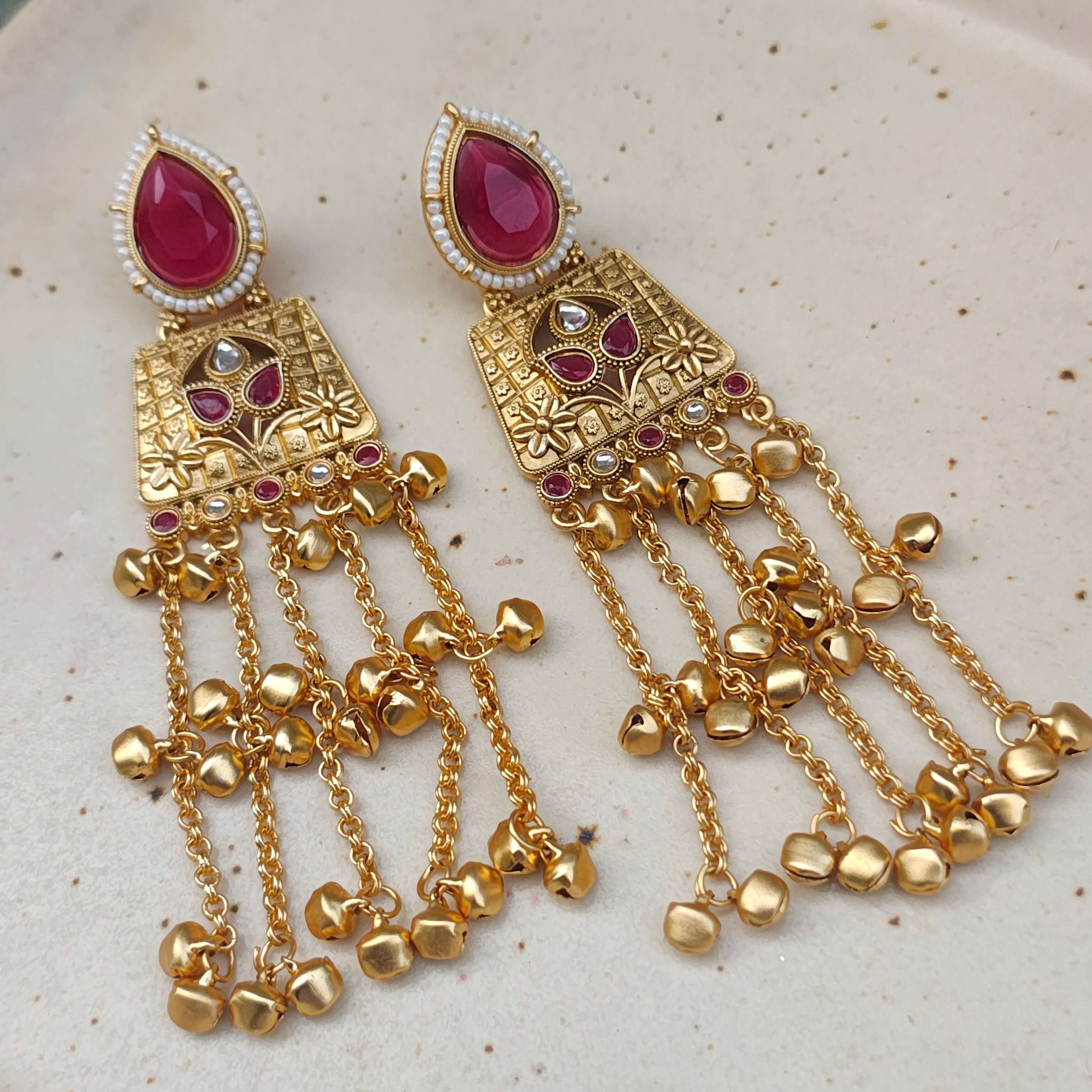 Aarna Kashmiri Gold Plated Earrings - Red