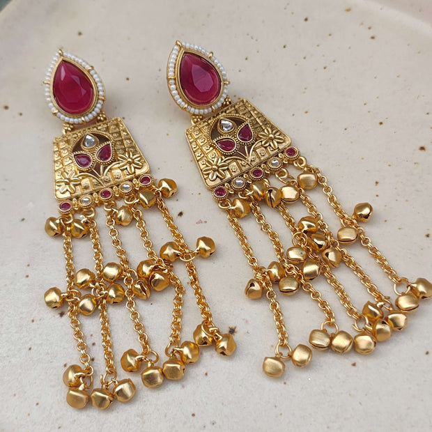 Aarna Kashmiri Gold Plated Earrings - Red
