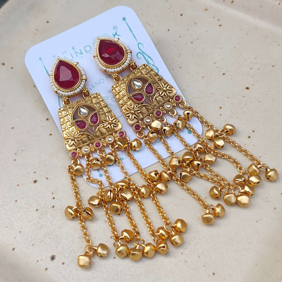 Aarna Kashmiri Gold Plated Earrings - Red