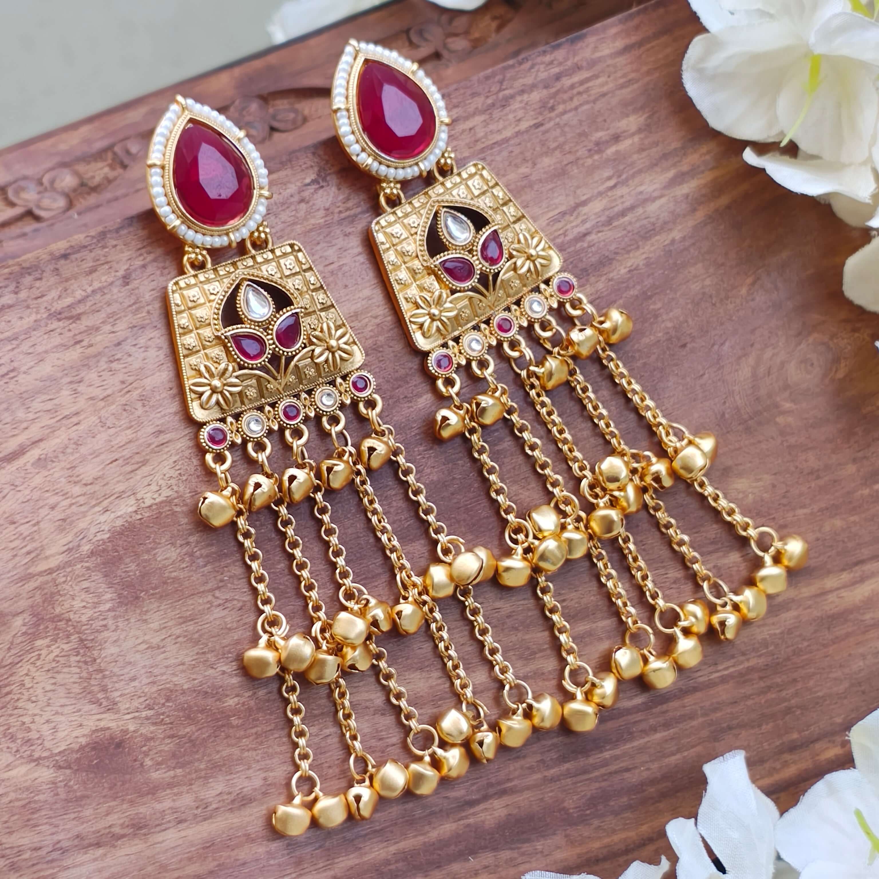 Aarna Kashmiri Gold Plated Earrings - Red