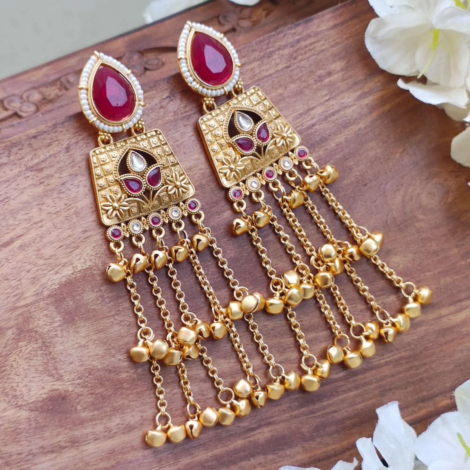 Aarna Kashmiri Gold Plated Earrings - Red