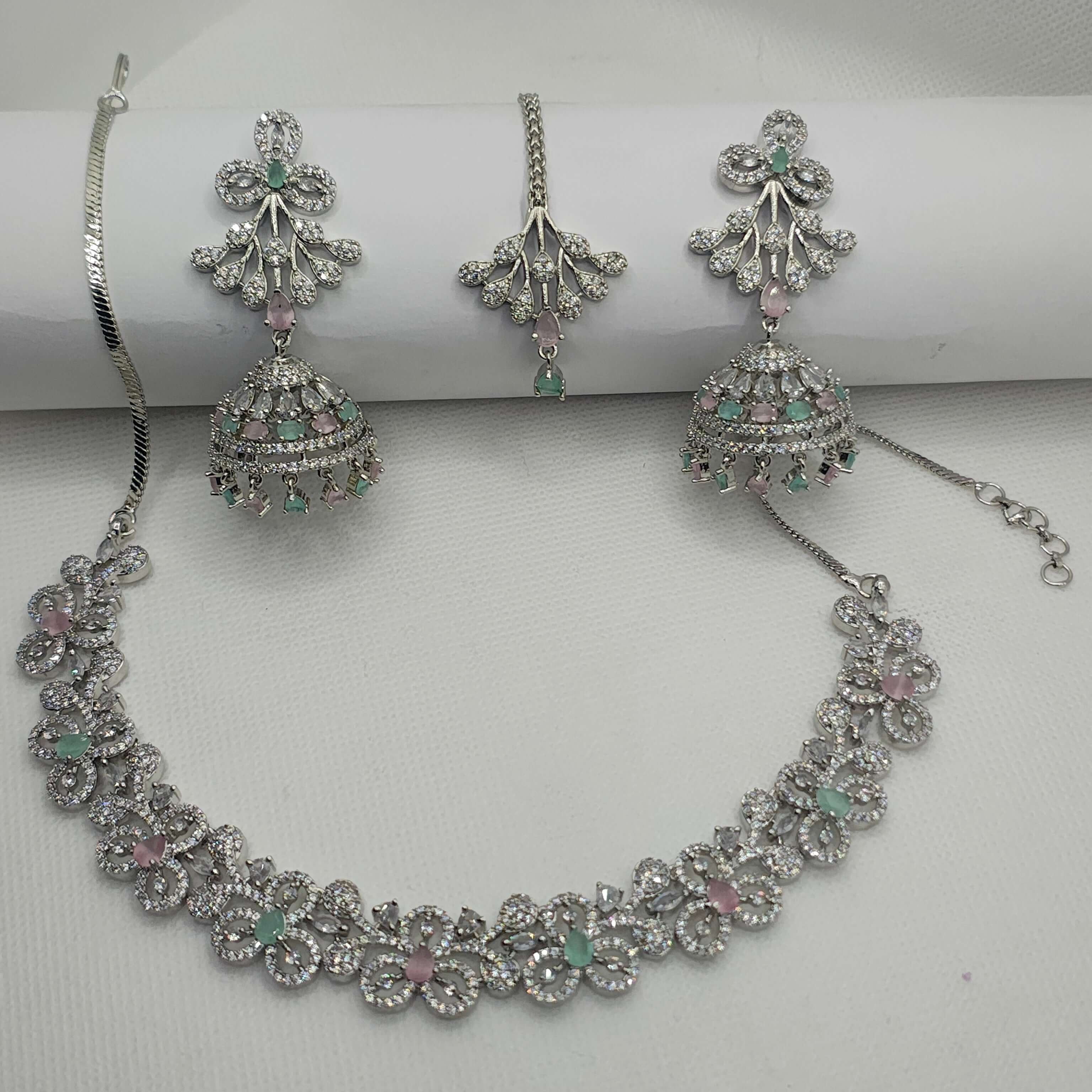 Adrika Silver Plated AD Necklace with Jhumka Earrings & Tikka