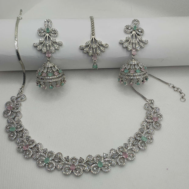 Adrika Silver Plated AD Necklace with Jhumka Earrings & Tikka