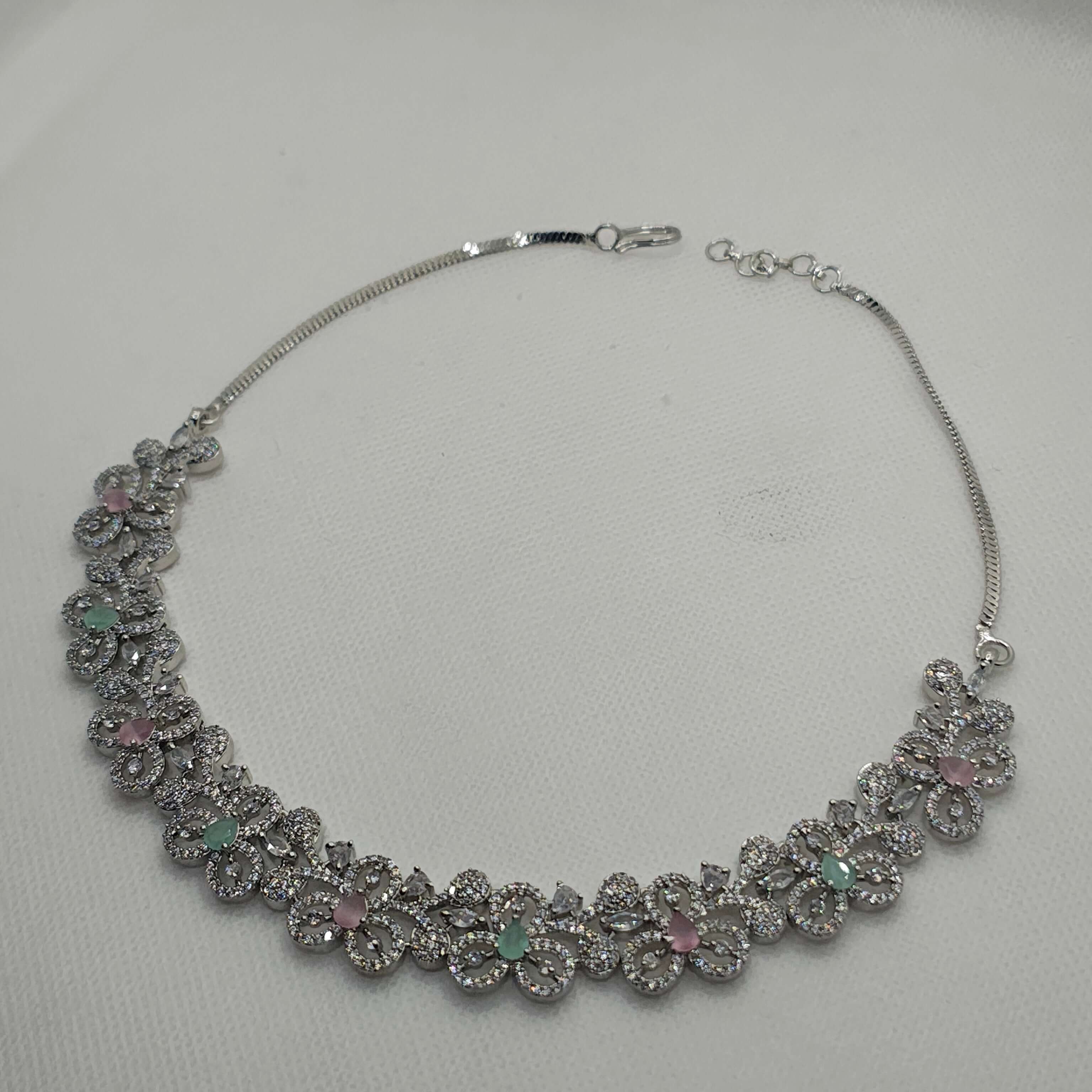 Adrika Silver Plated AD Necklace with Jhumka Earrings & Tikka