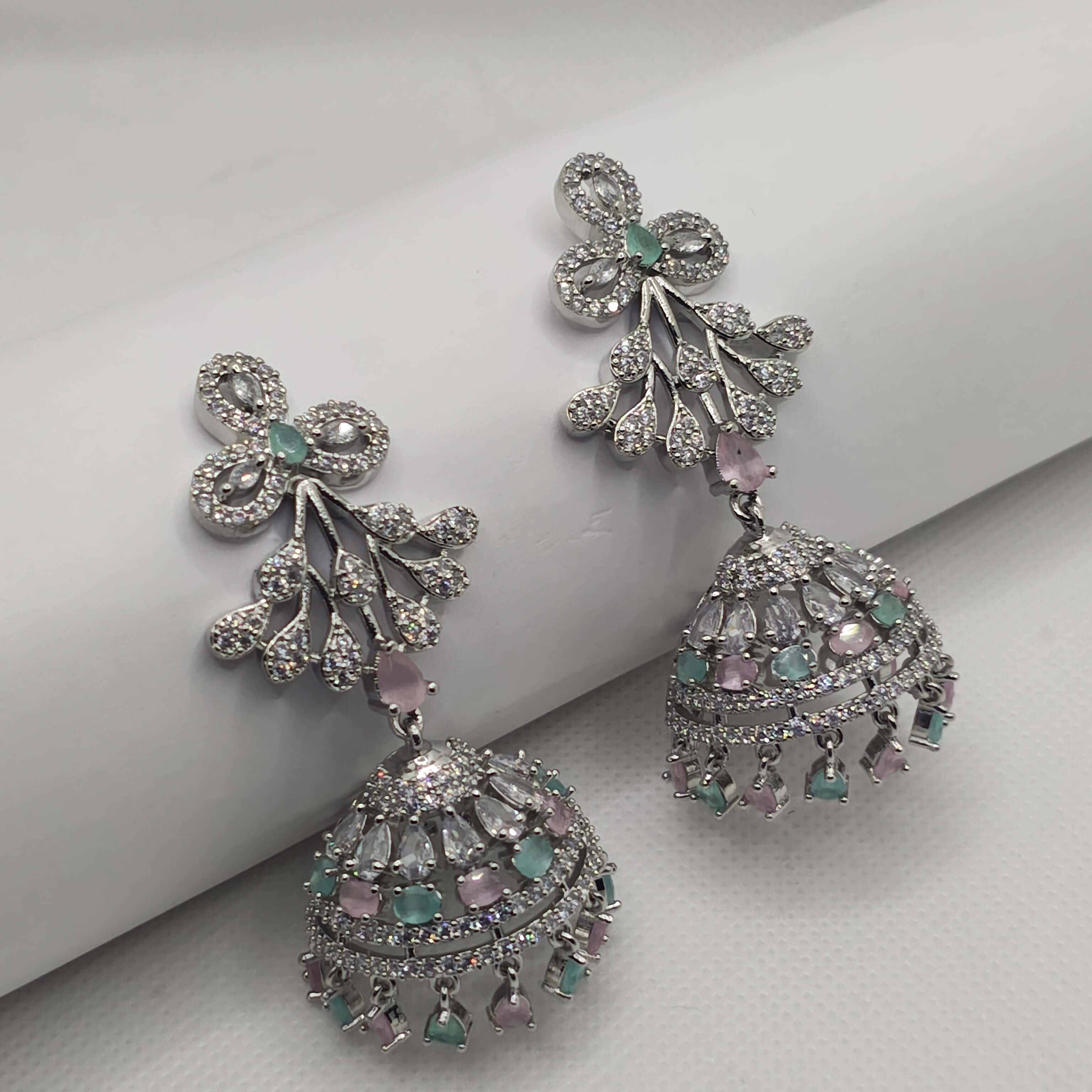 Adrika Silver Plated AD Necklace with Jhumka Earrings & Tikka