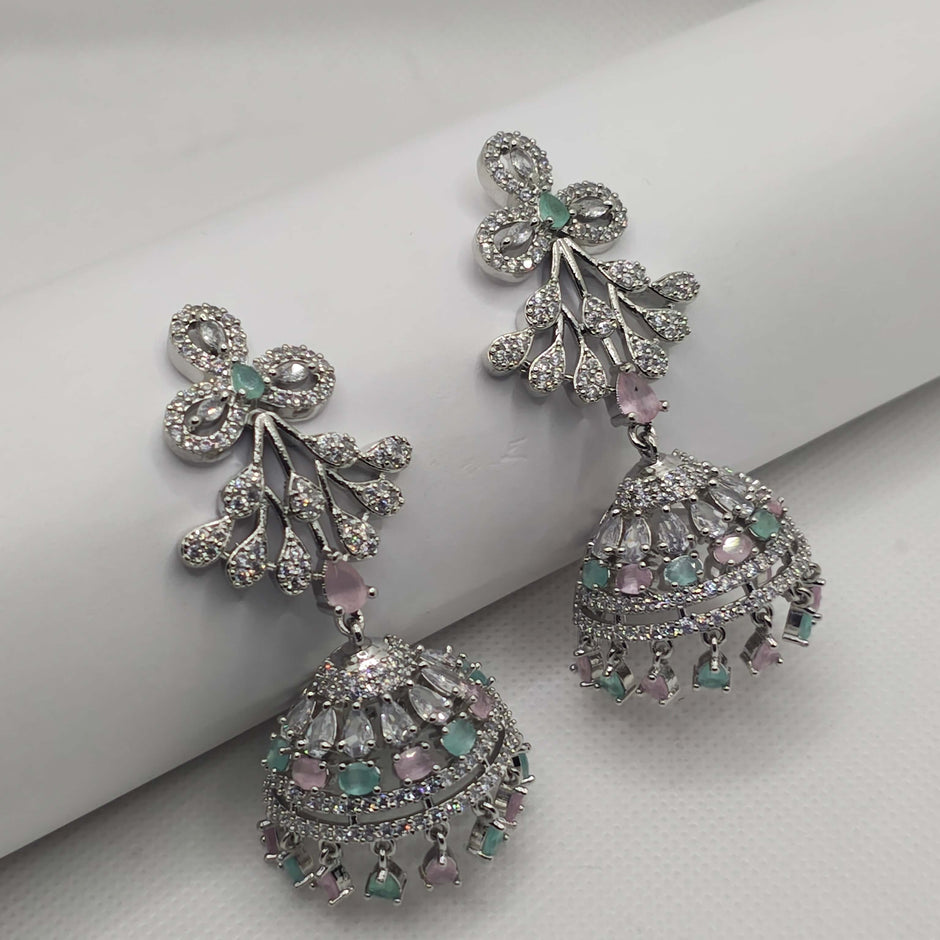 Adrika Silver Plated AD Necklace with Jhumka Earrings & Tikka