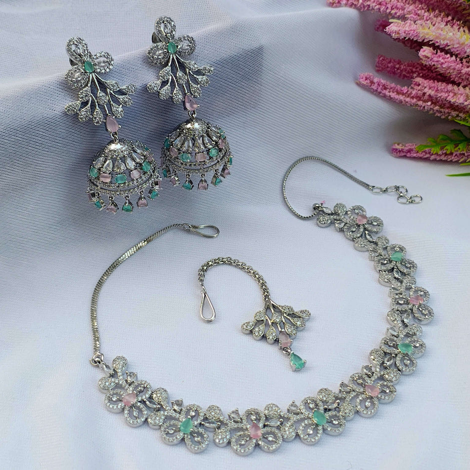 Adrika Silver Plated AD Necklace with Jhumka Earrings & Tikka