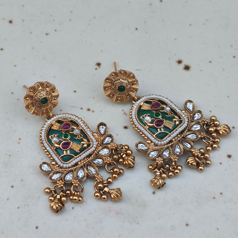 Amayra Gold Plated Heritage Kundan Earrings - Green