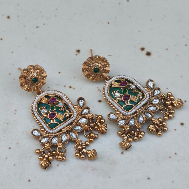Amayra Gold Plated Heritage Kundan Earrings - Green