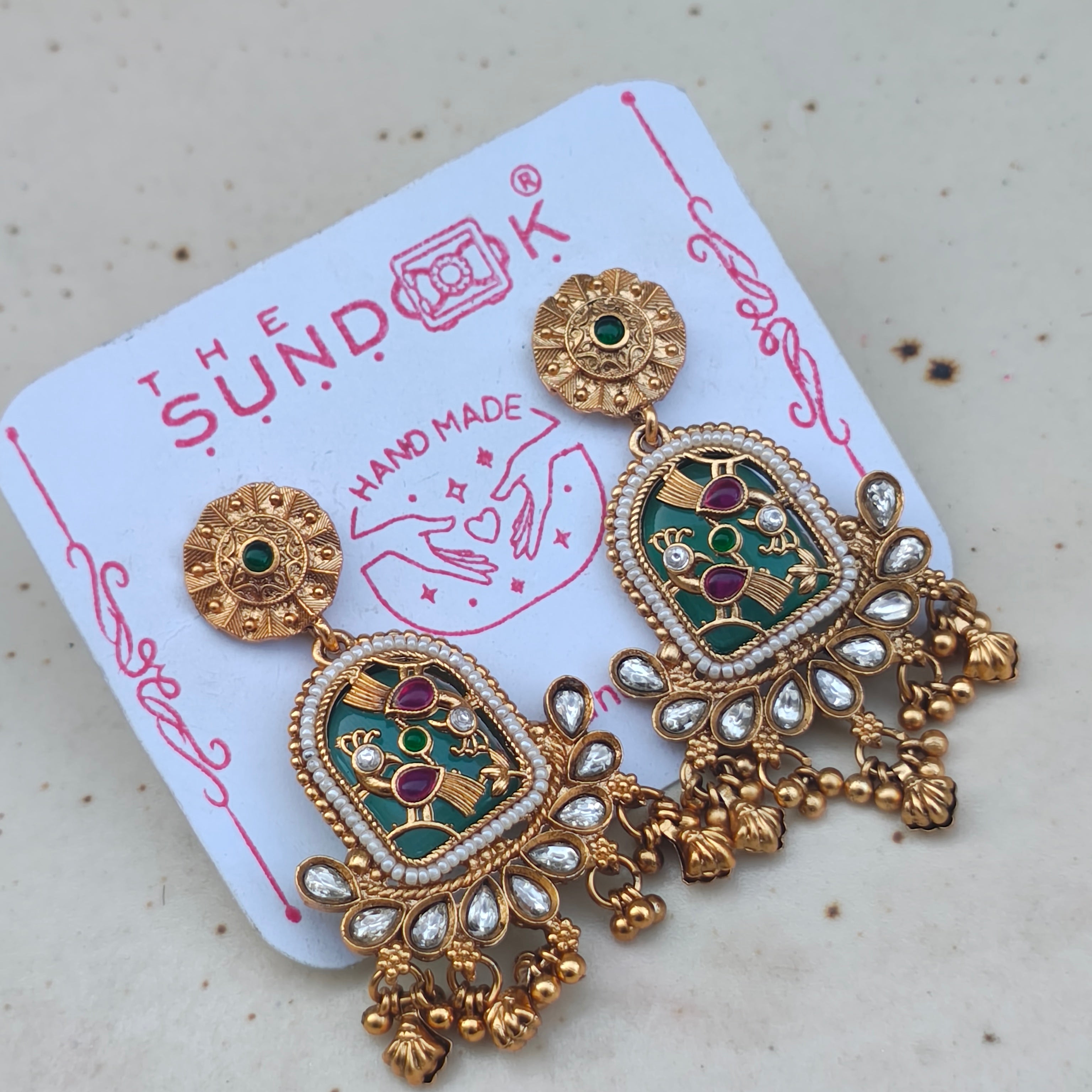 Amayra Gold Plated Heritage Kundan Earrings - Green