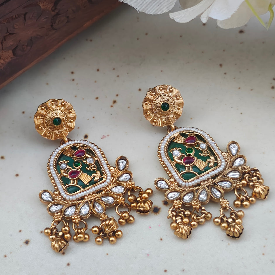 Amayra Gold Plated Heritage Kundan Earrings - Green