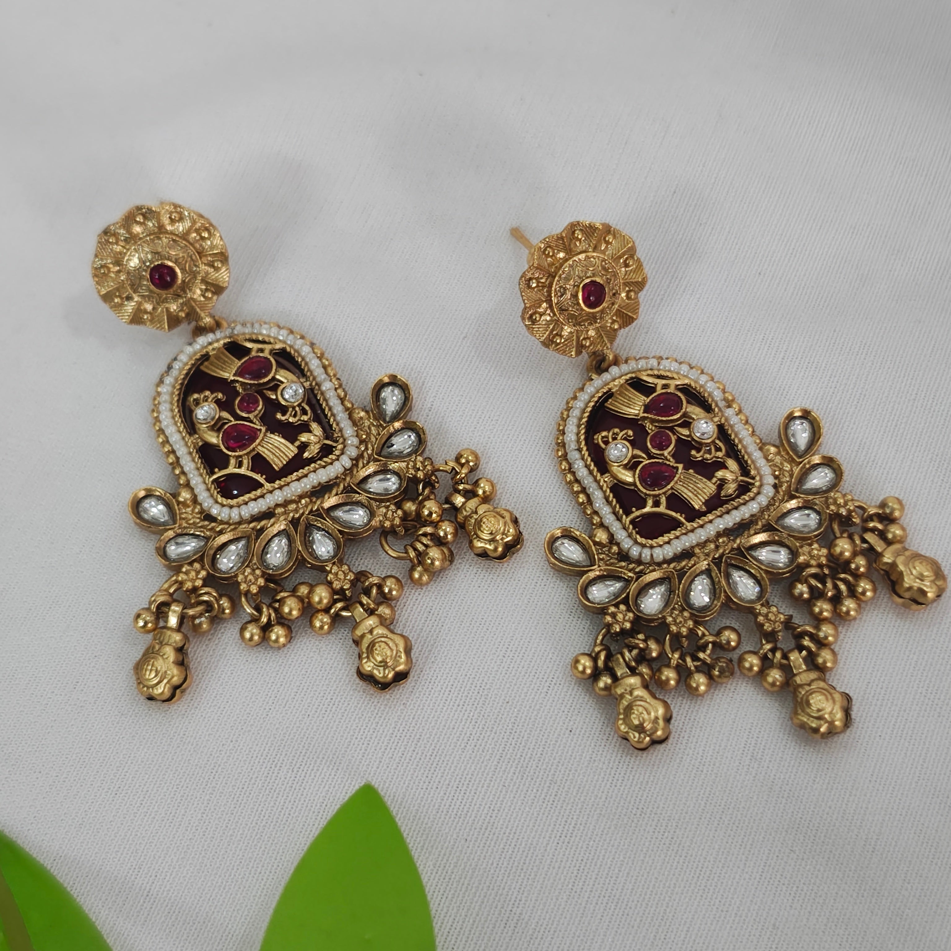 Amayra Gold Plated Heritage Kundan Earrings - Red
