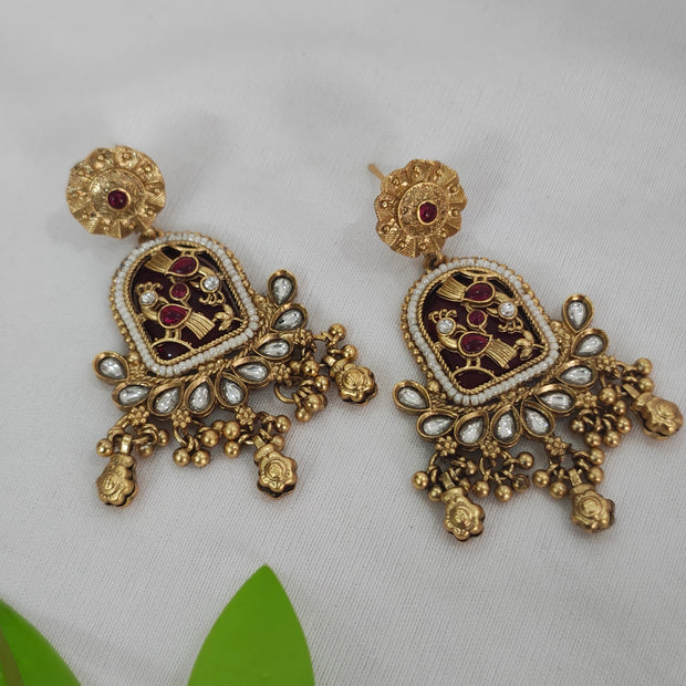 Amayra Gold Plated Heritage Kundan Earrings - Red