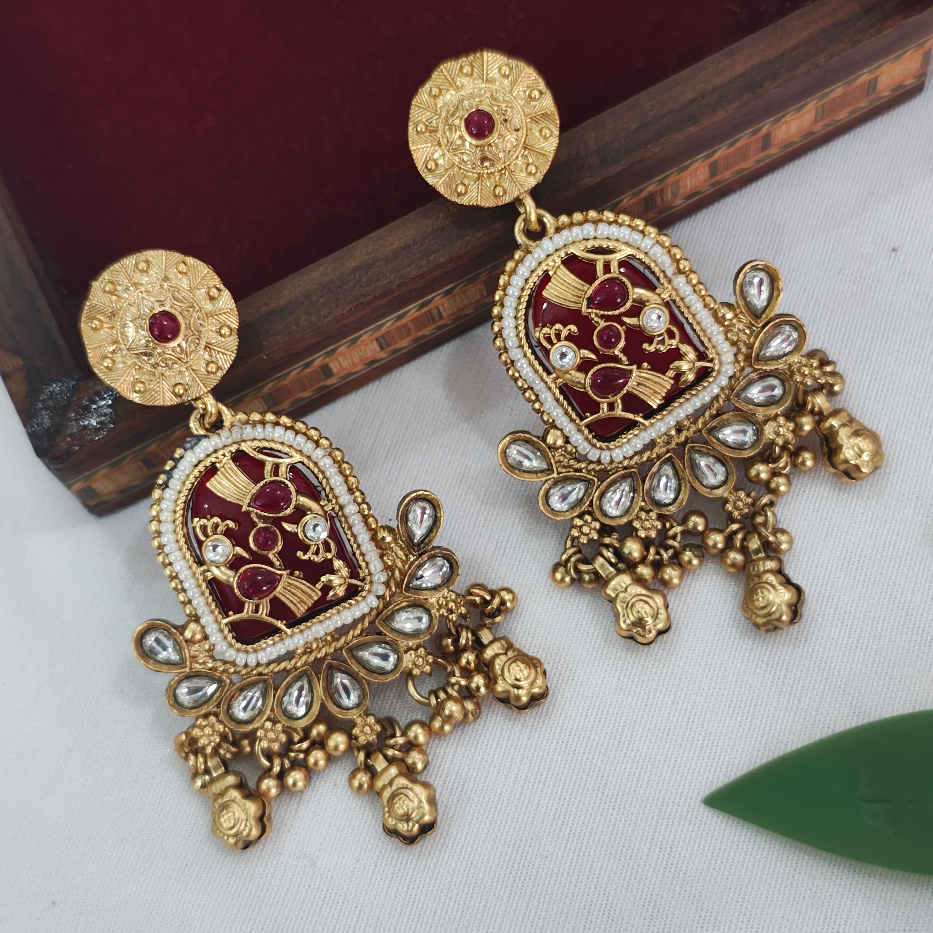 Amayra Gold Plated Heritage Kundan Earrings - Red