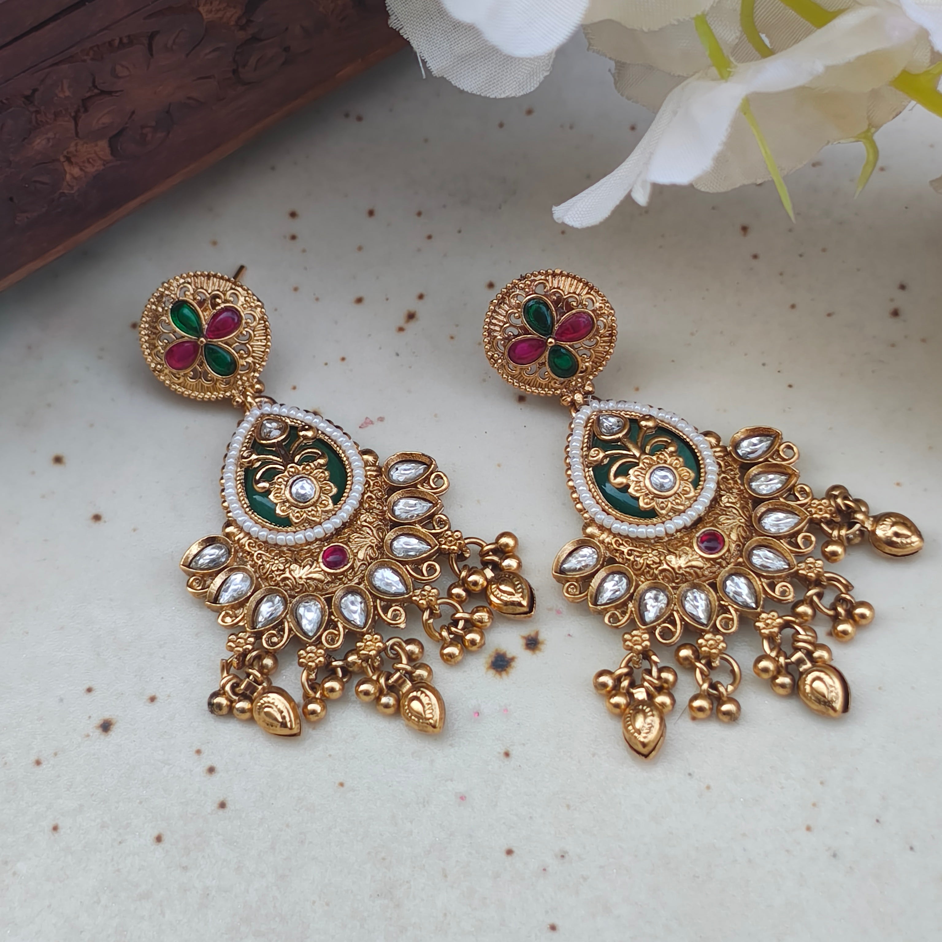 Anjali Gold Plated Heritage Earrings - Green

