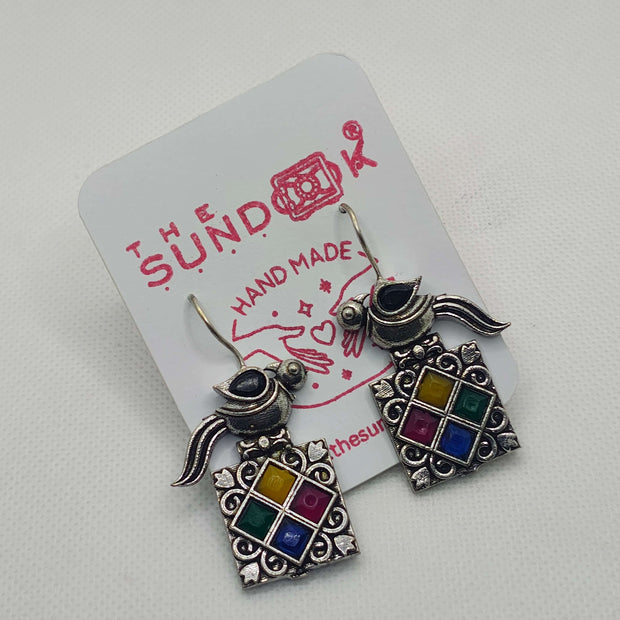BULBUL SILVER OXIDIZED EARRINGS - MULTICOLOUR