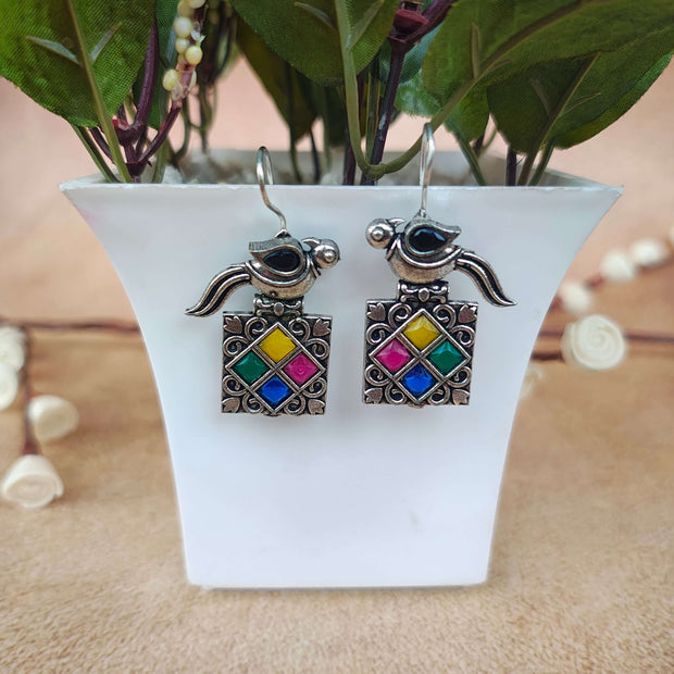 BULBUL SILVER OXIDIZED EARRINGS - MULTICOLOUR