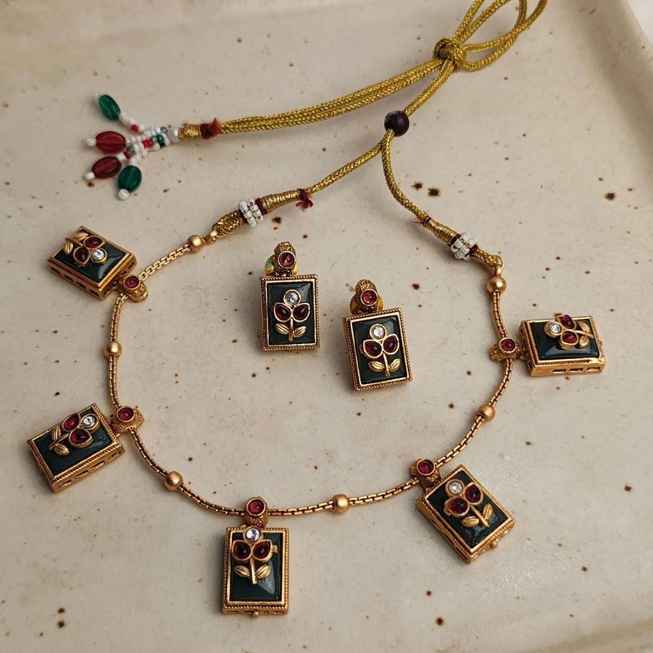 Edha Antique Gold Plated Heritage Necklace Set