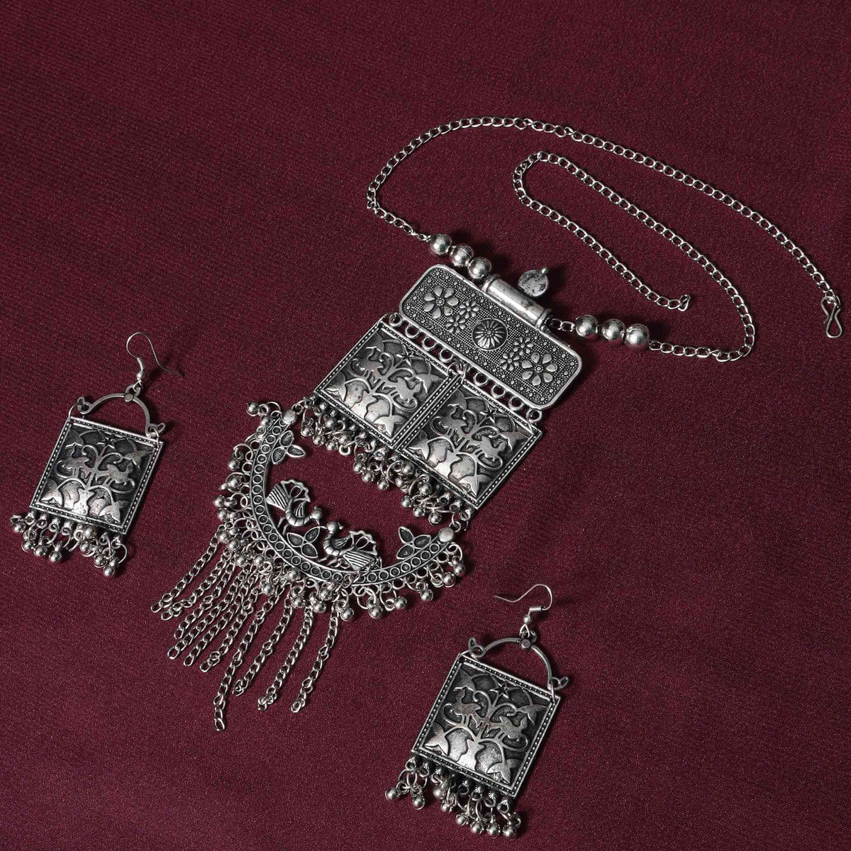 Gauri Silver Oxidized Long Necklace Set