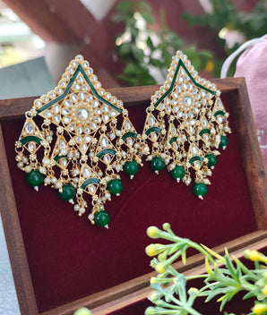 Sitara Pearl & Kundan Gold Plated Chandbali Earrings - Green