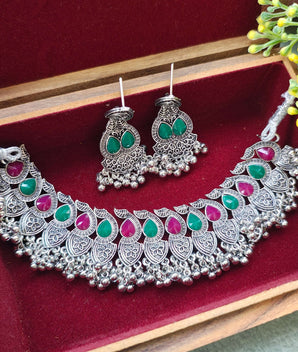 Kaushiki Pink & Green Stone Silver Oxidized Choker Set