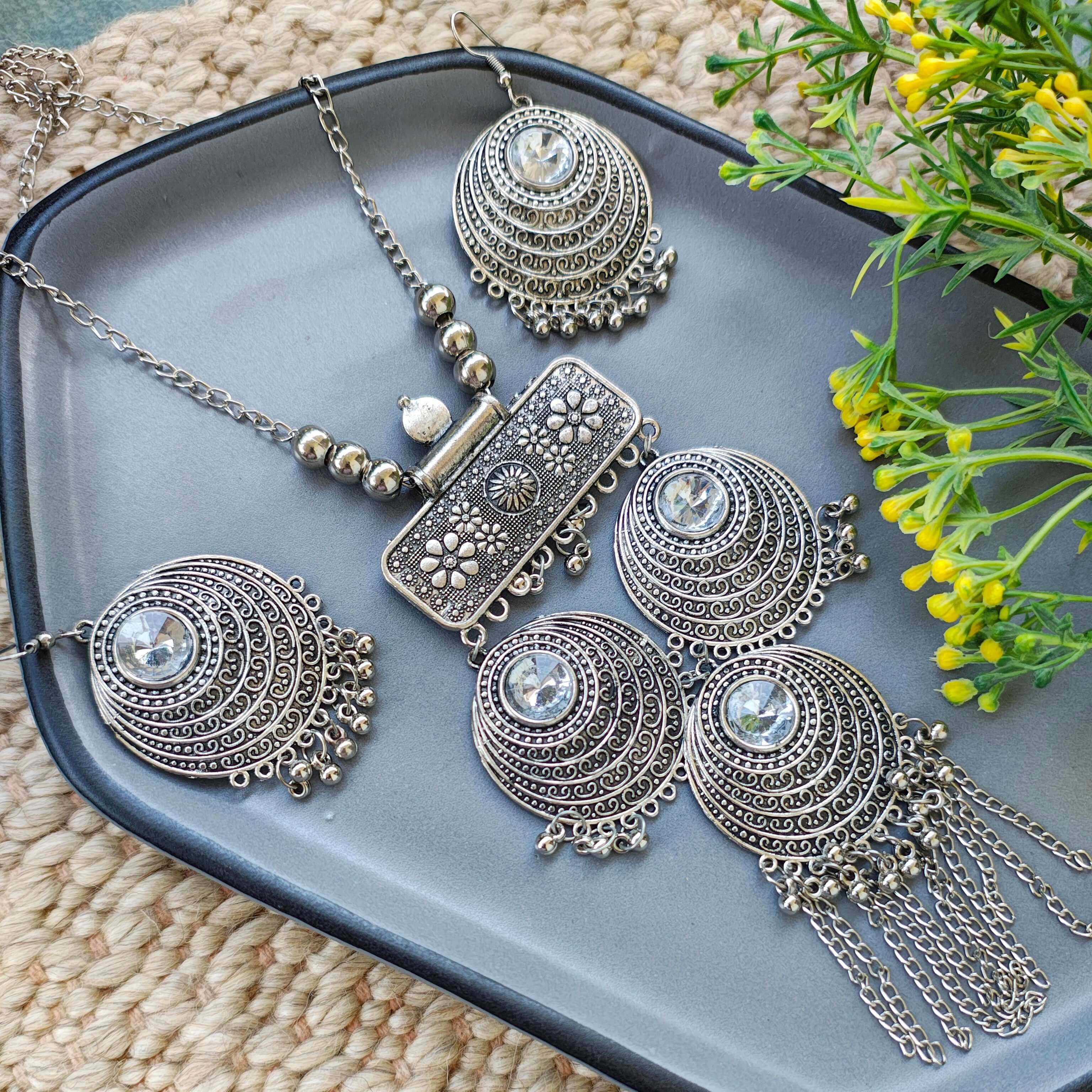Kaveri Silver Oxidized Long Necklace Set