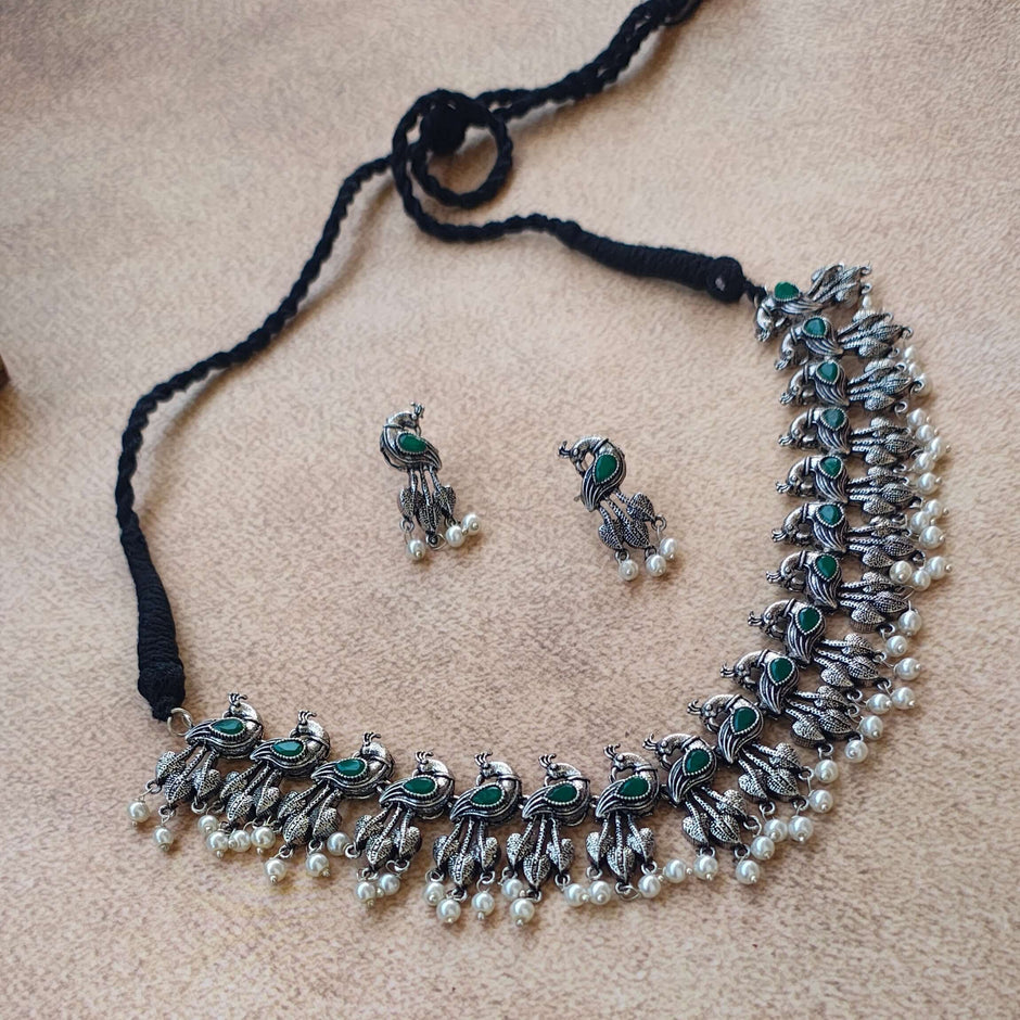 Kshitija Silver Oxidized Necklace Set