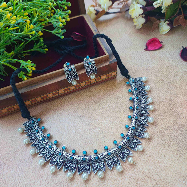 Aashvi Pearl Silver Oxidized Necklace Set