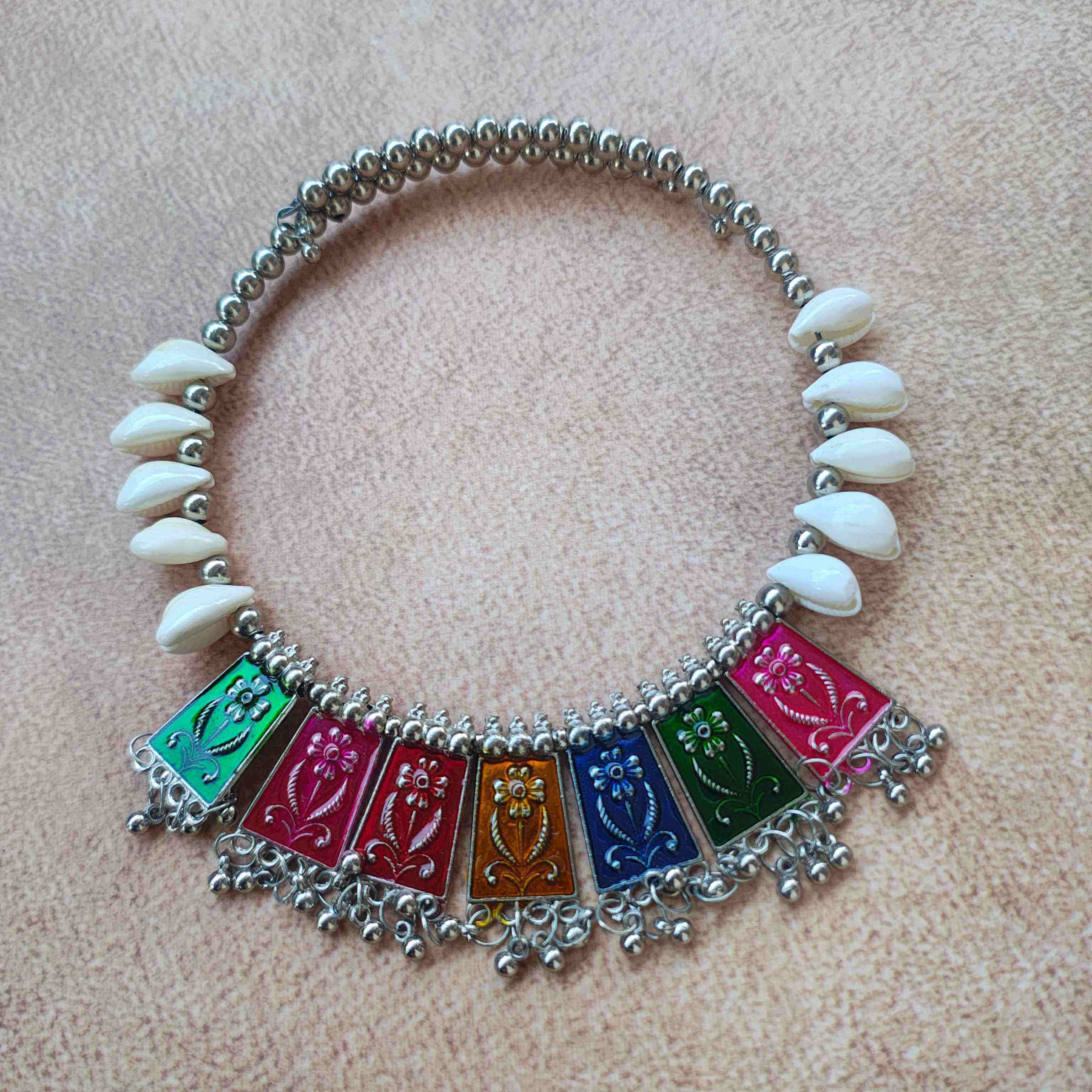 Ishita Kaudi & Gungroo Silver Oxidized Hasli Set - Multicolour