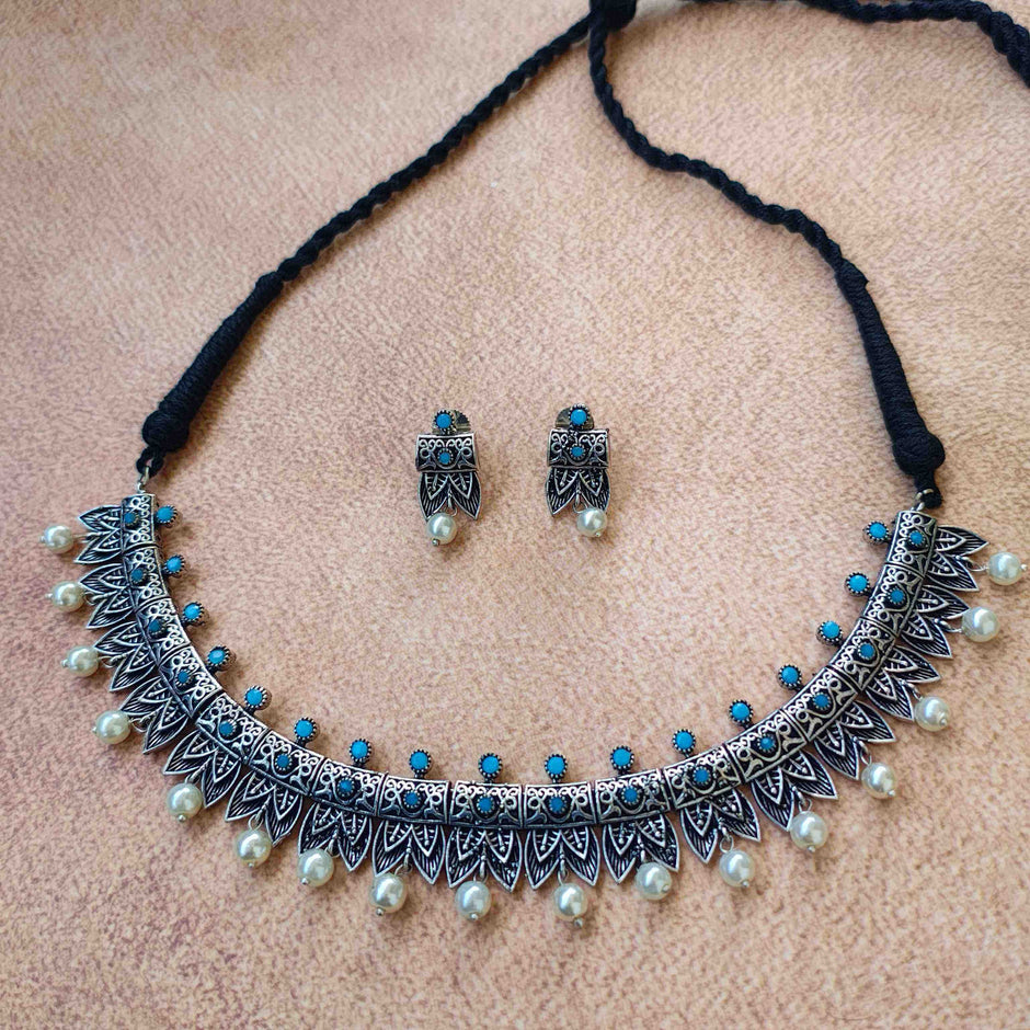 Aashvi Pearl Silver Oxidized Necklace Set