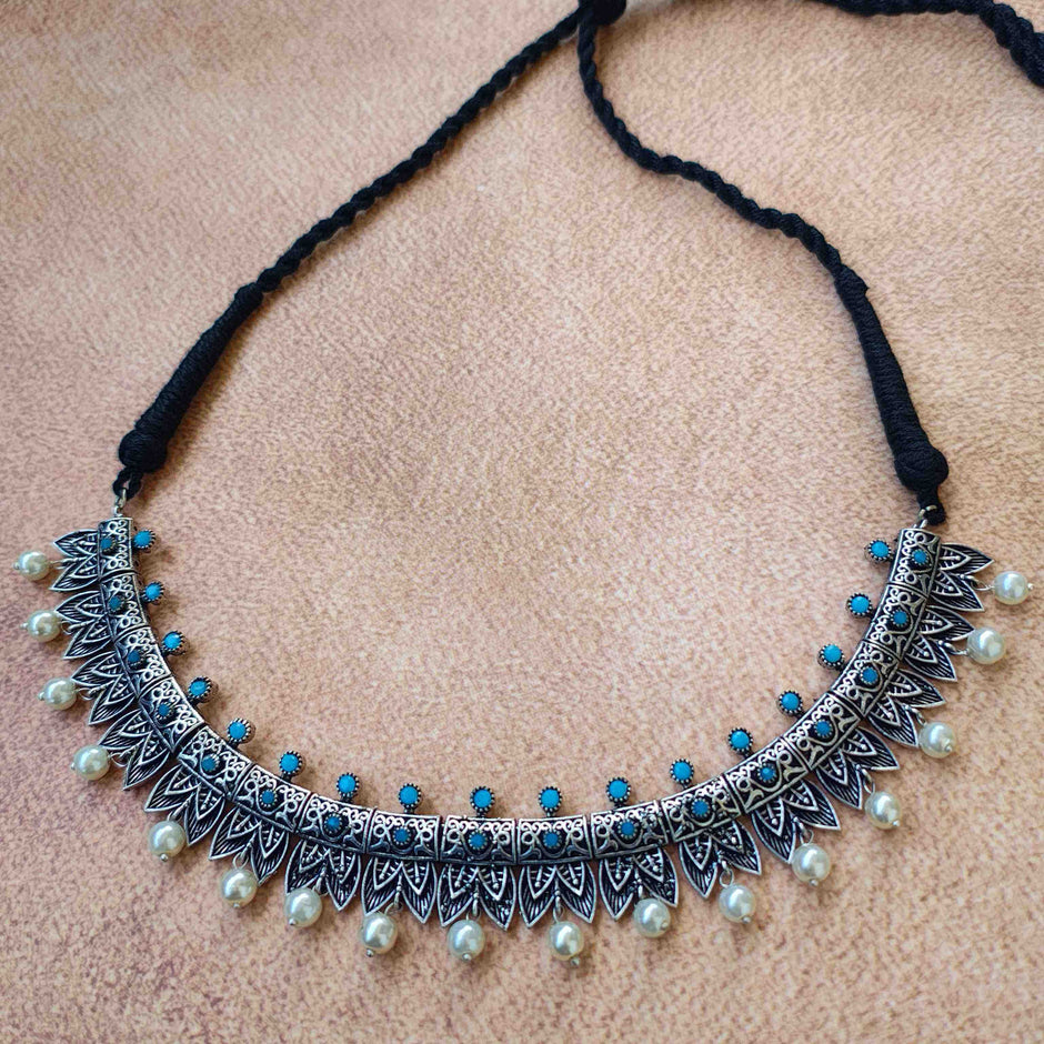 Aashvi Pearl Silver Oxidized Necklace Set