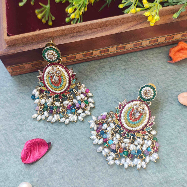 Nayra Multicolour Pearl and Polki Chandbali Earrings