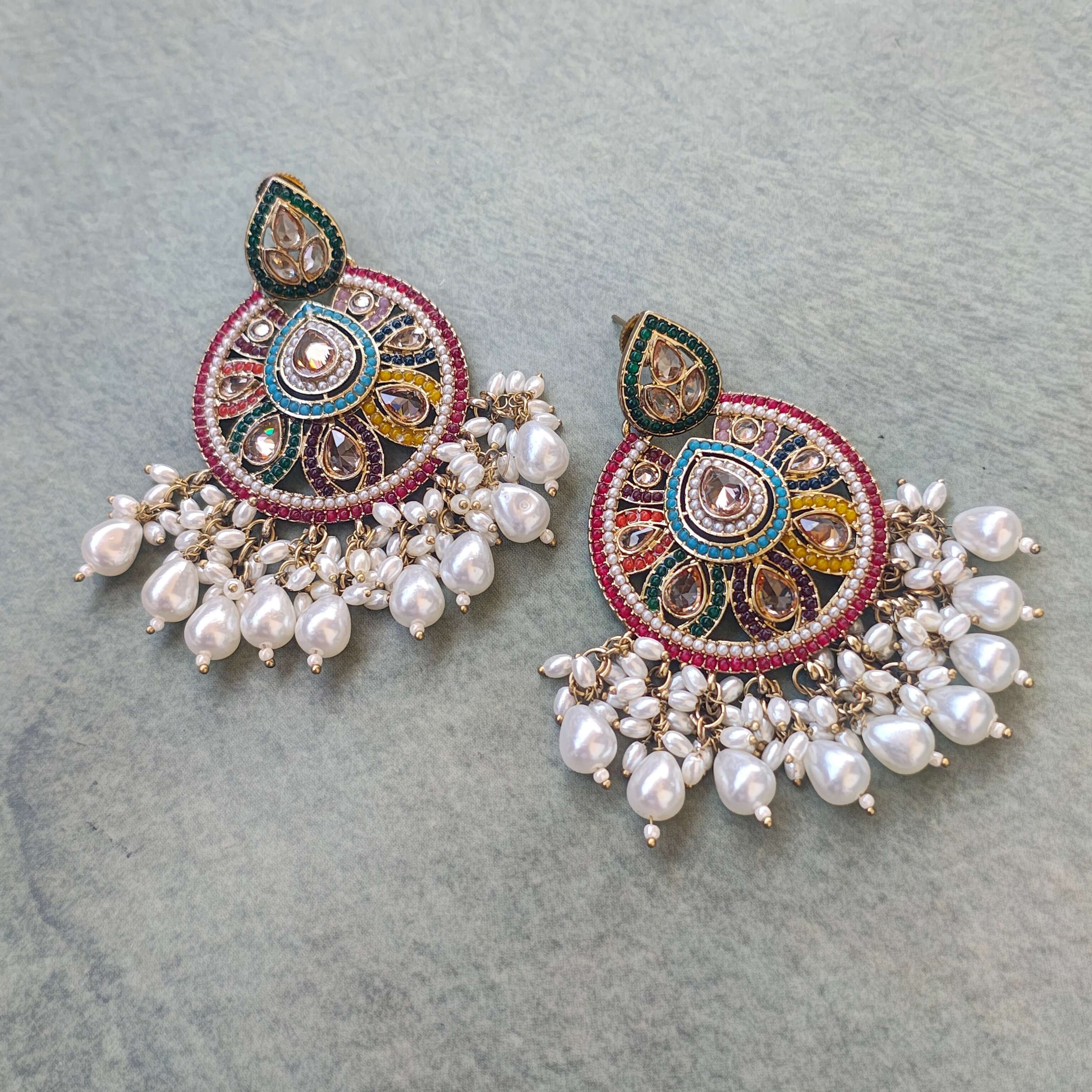 Mokshita Pearl and Polki Chandbali Earrings