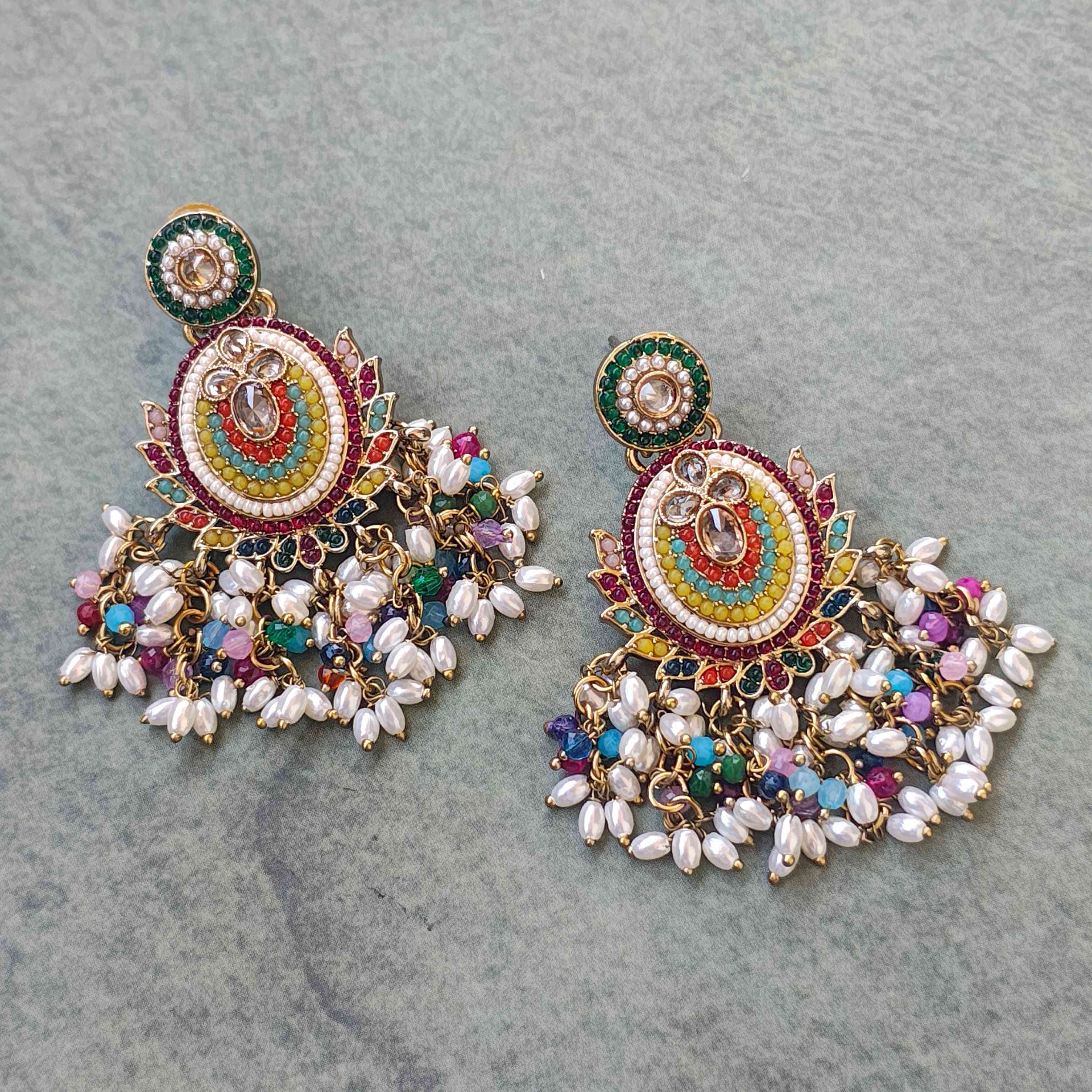 Nayra Multicolour Pearl and Polki Chandbali Earrings