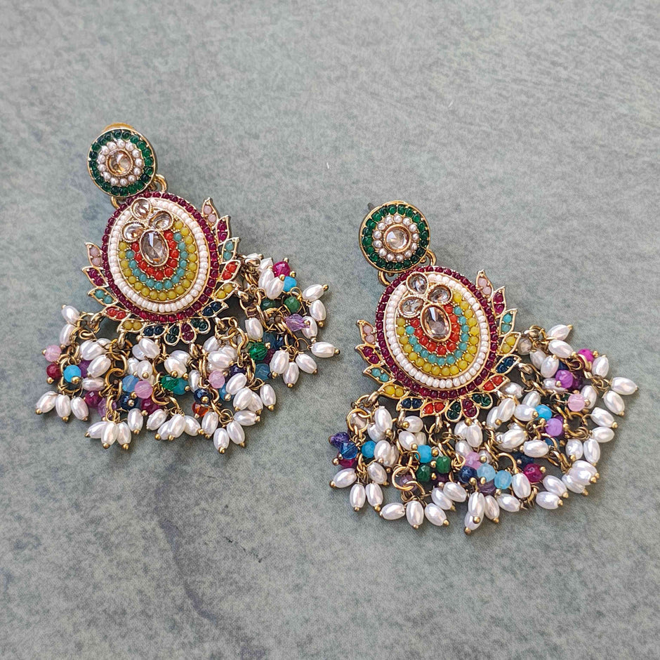 Nayra Multicolour Pearl and Polki Chandbali Earrings