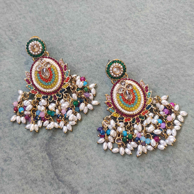Nayra Multicolour Pearl and Polki Chandbali Earrings