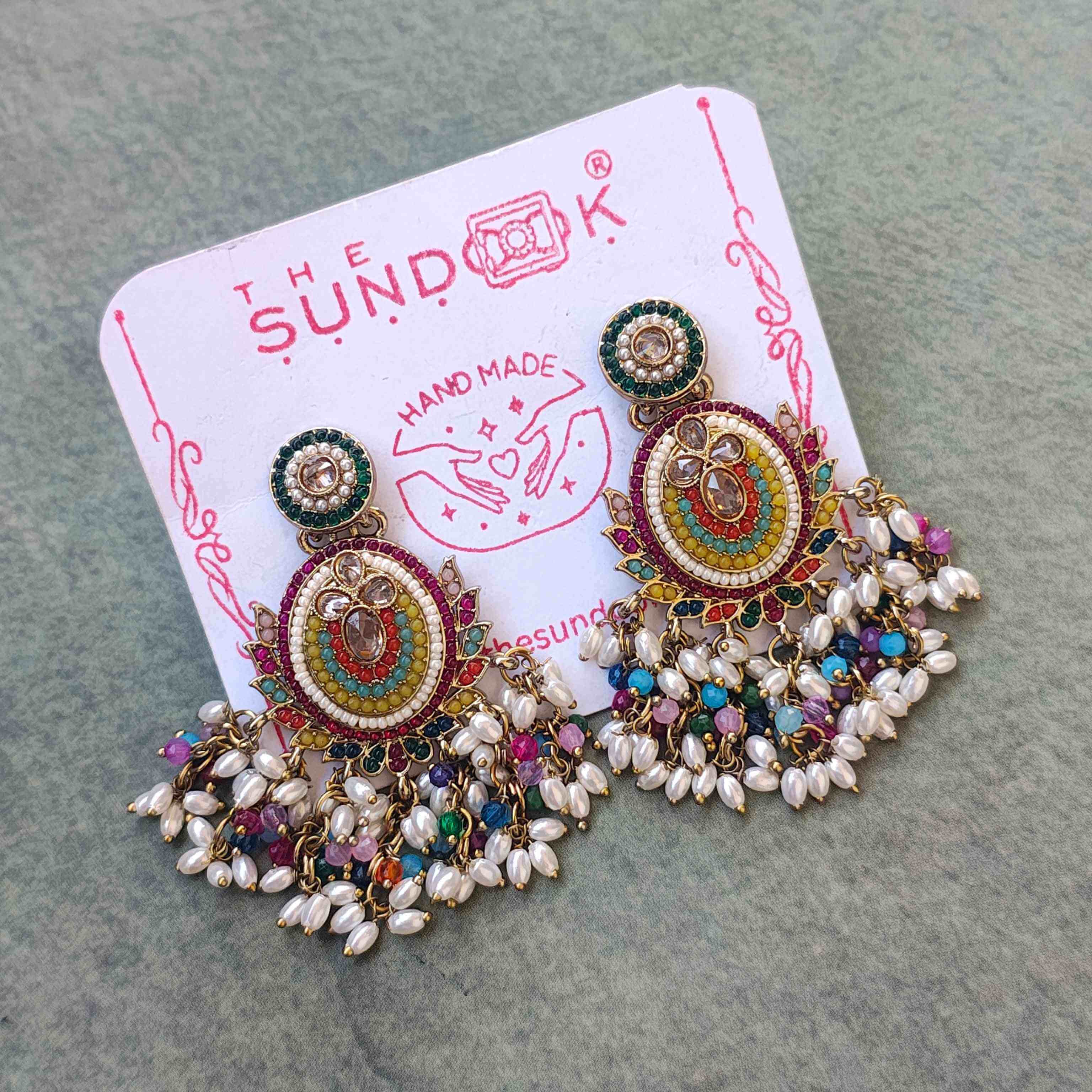 Nayra Multicolour Pearl and Polki Chandbali Earrings