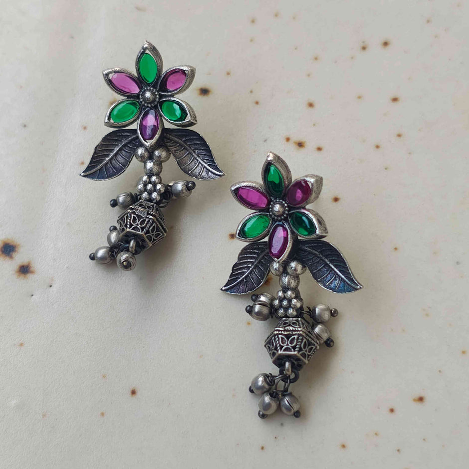 Charvi Floral Silver Oxidized Earrings