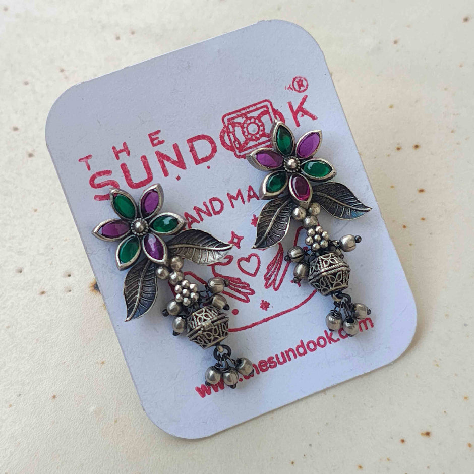 Charvi Floral Silver Oxidized Earrings