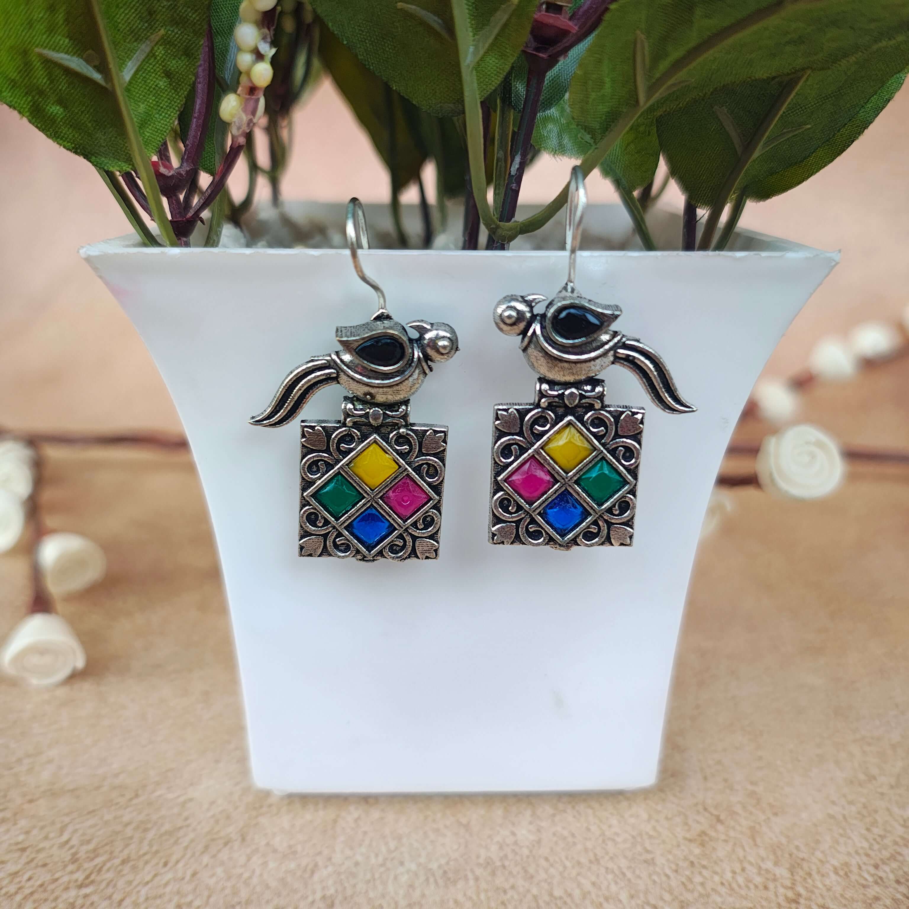 Bulbul Silver Oxidized Earrings - Multicolour