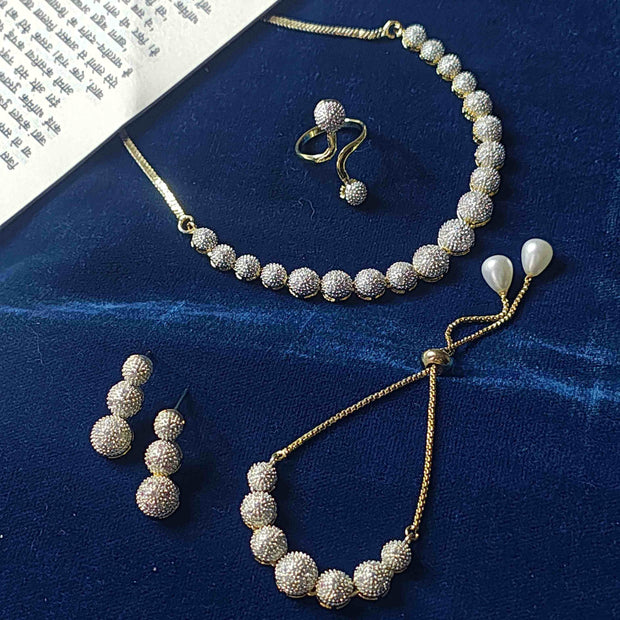 Ziva AD Necklace, Earring with Ring and Bracelet - Gold Plated