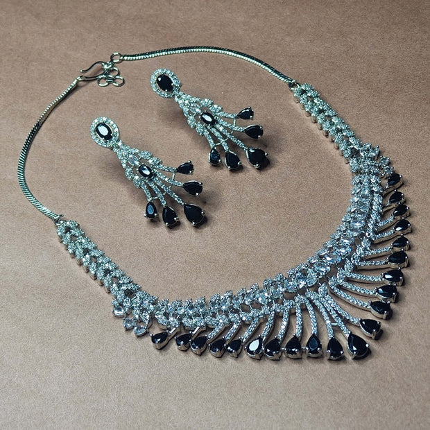 Raha Silver Tone AD Necklace Set - Black