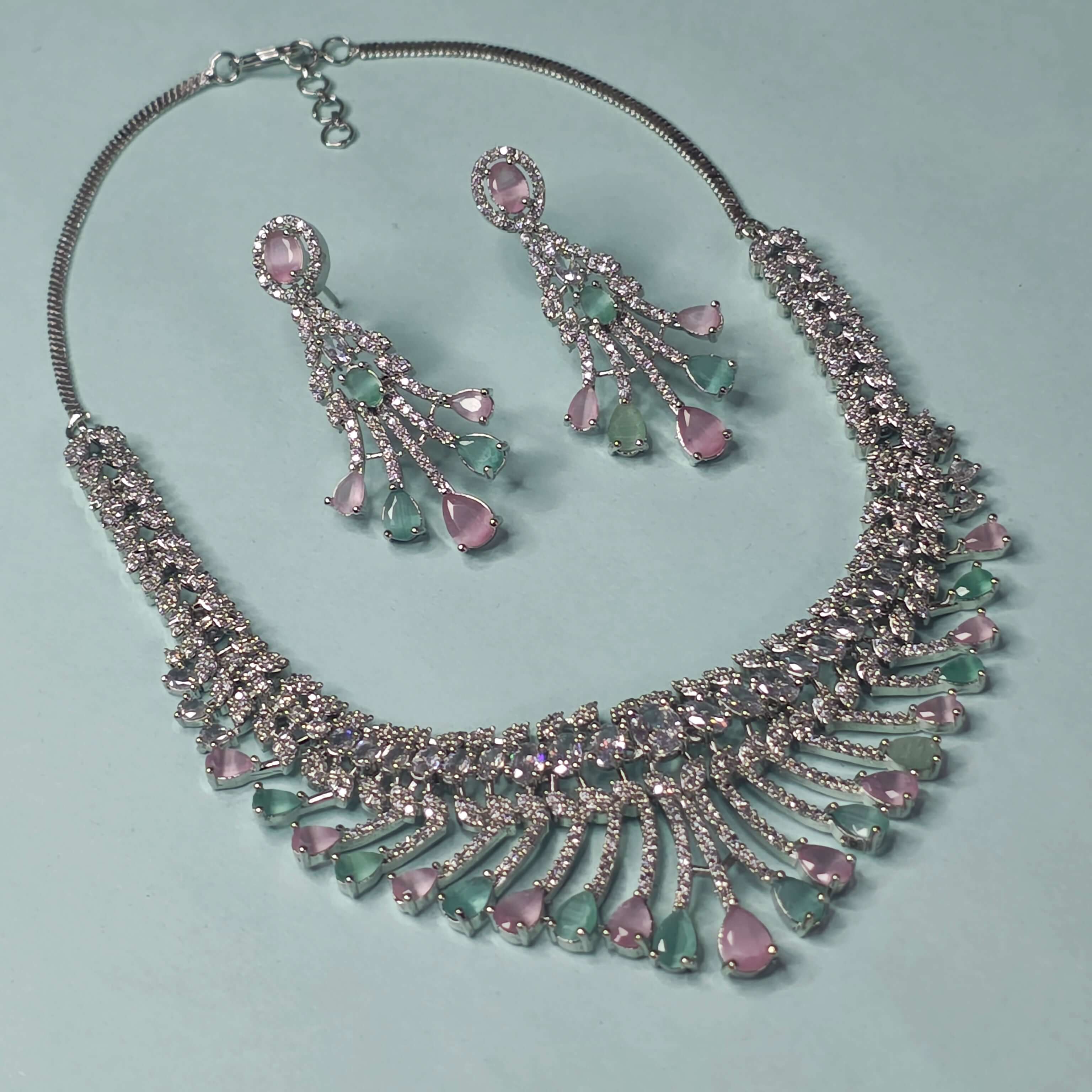 Raha Silver Tone AD Necklace Set - Mint Green and Pink