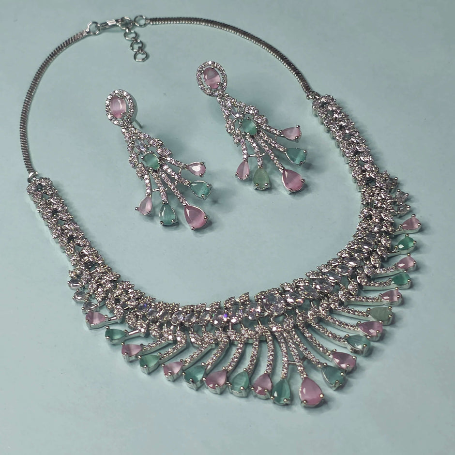 Raha Silver Tone AD Necklace Set - Mint Green and Pink