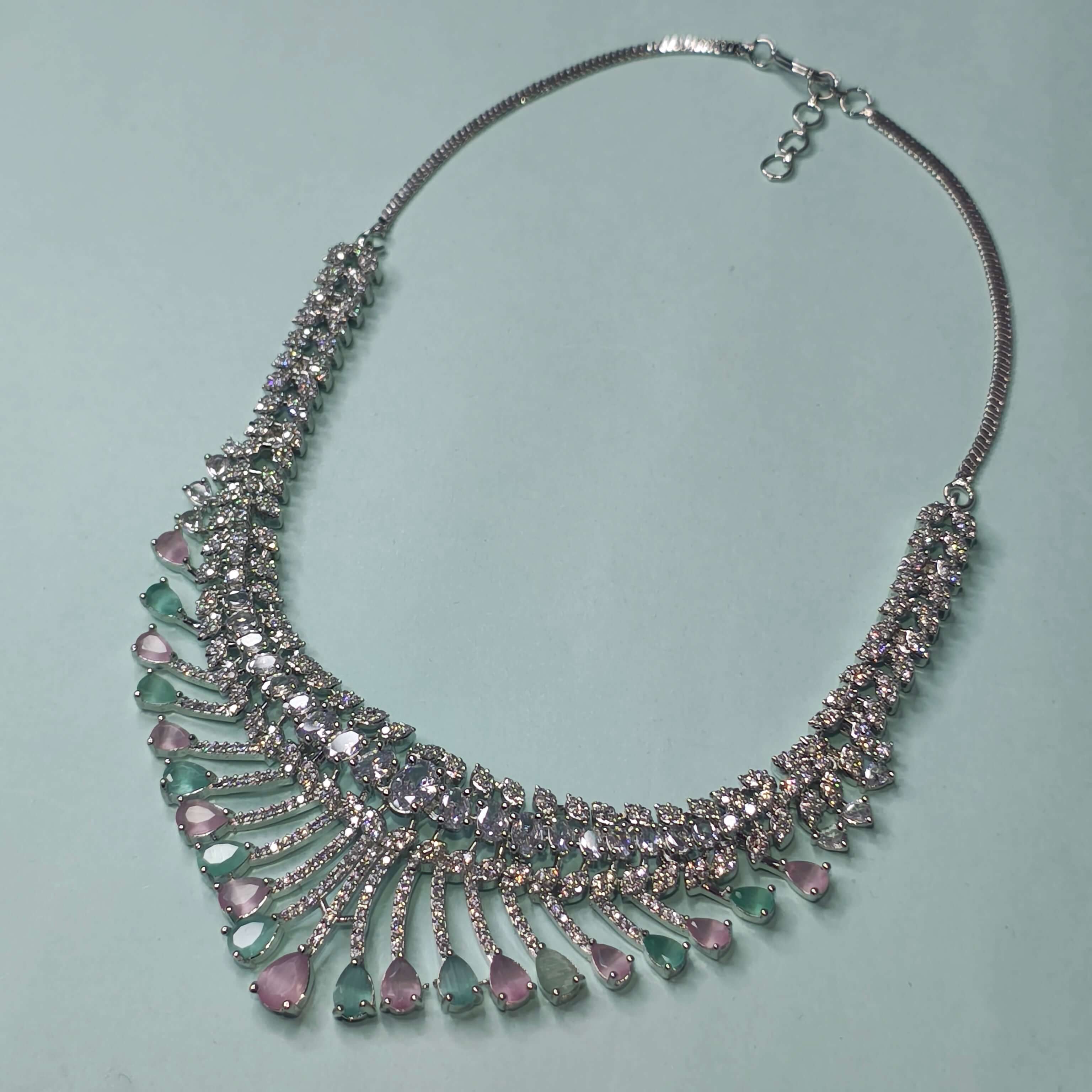 Raha Silver Tone AD Necklace Set - Mint Green and Pink