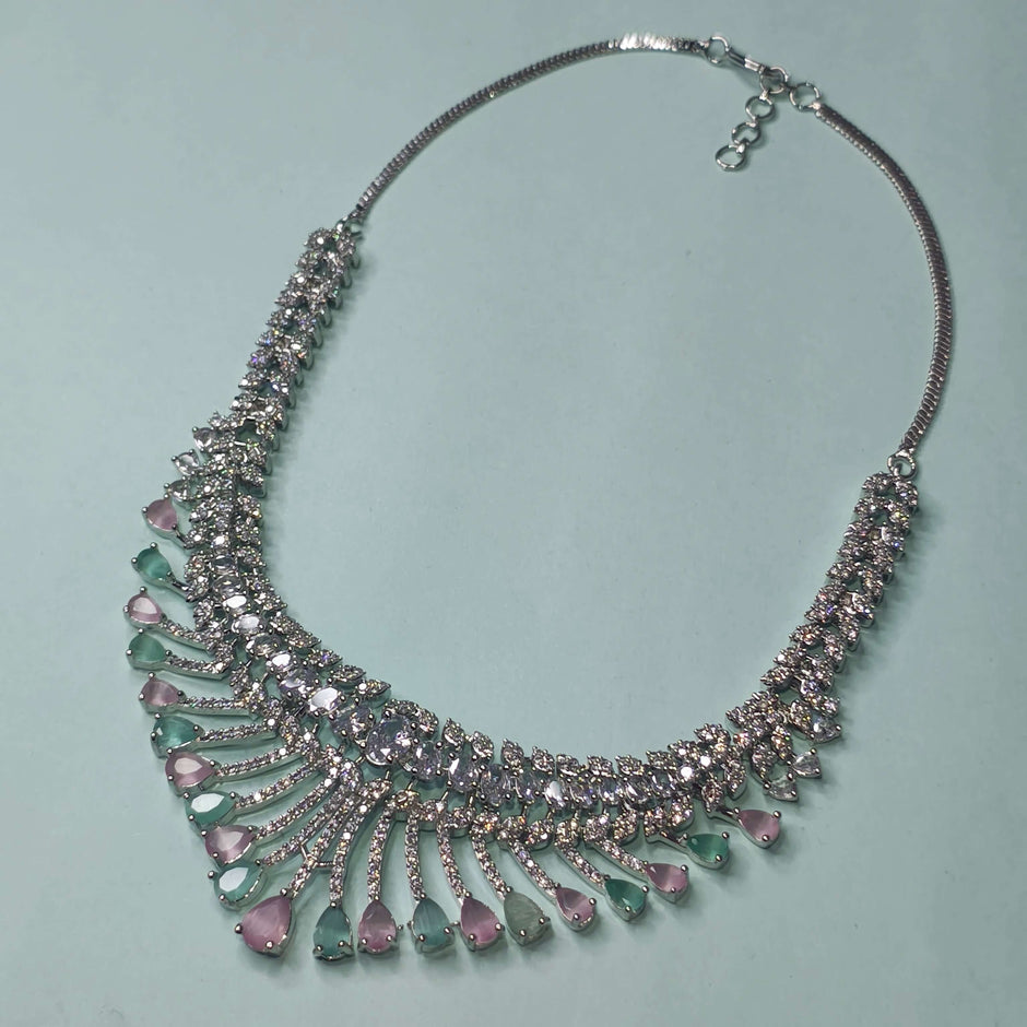 Raha Silver Tone AD Necklace Set - Mint Green and Pink