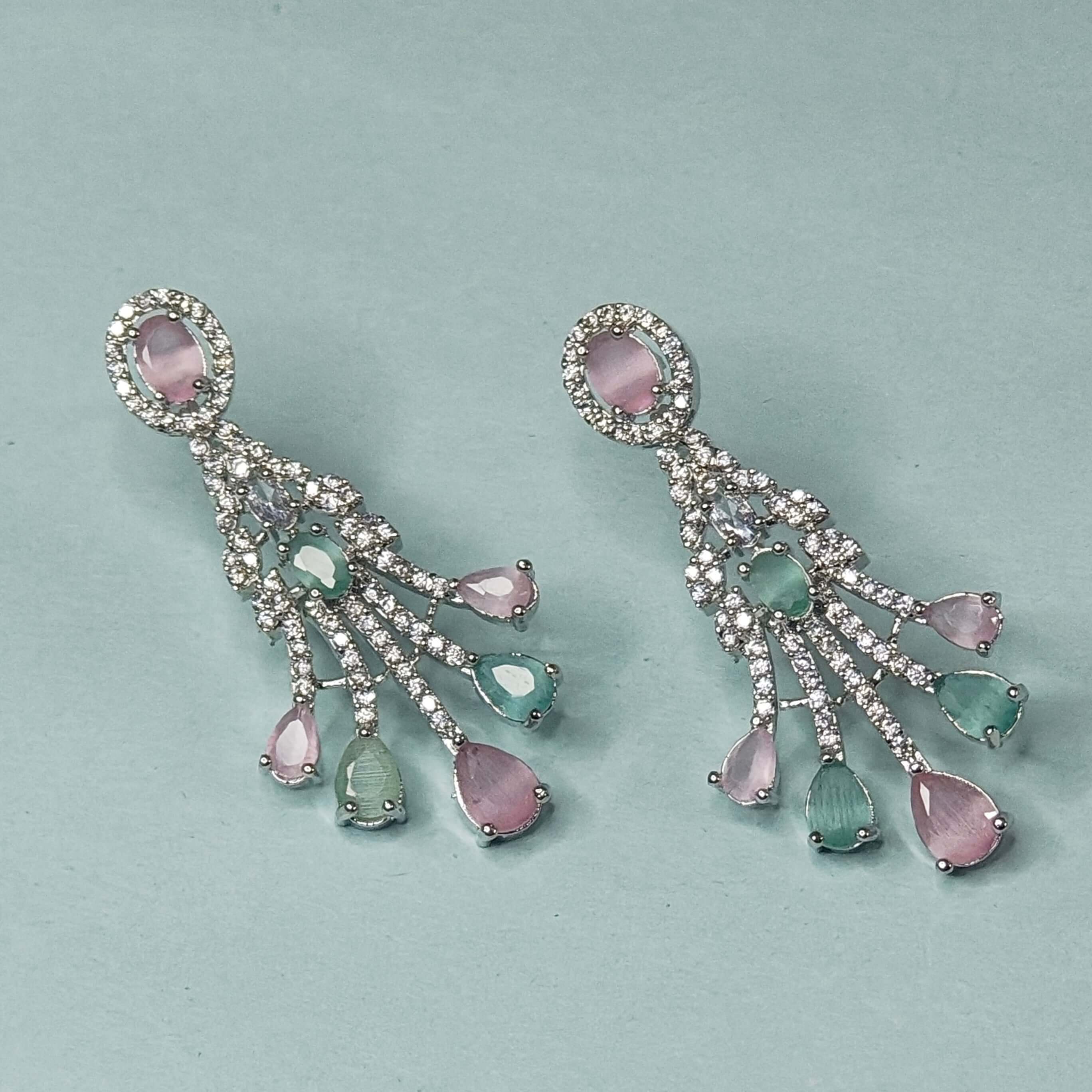 Raha Silver Tone AD Necklace Set - Mint Green and Pink